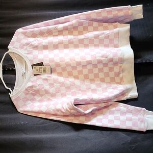 Pink and white checkered print sweater size xs